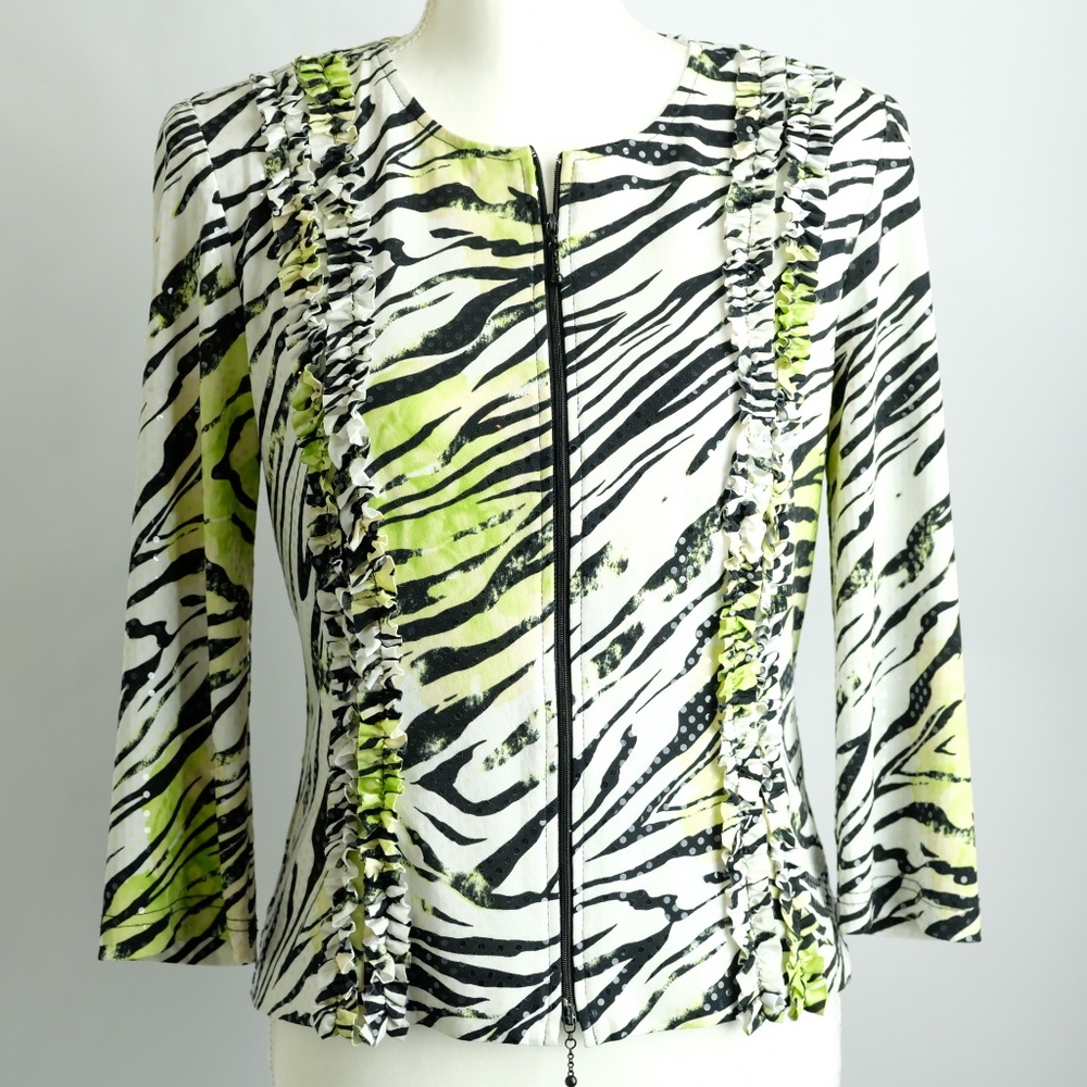 Joseph Ribkoff Zebra Green Accent Ruffled Jacket 8